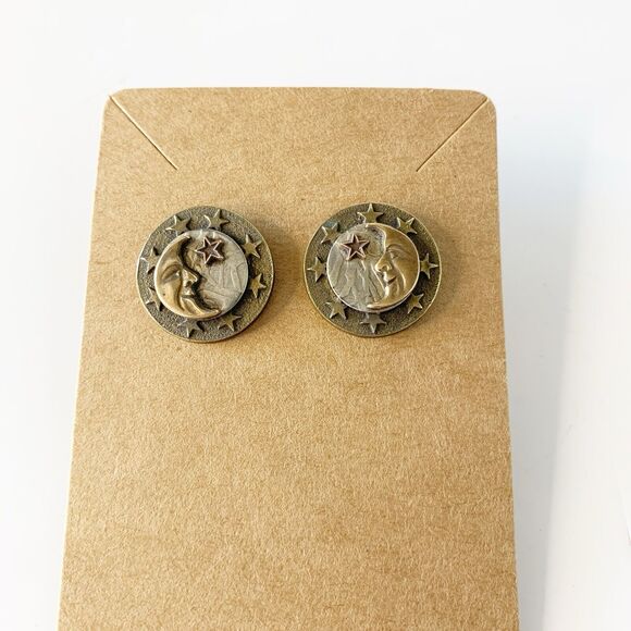VTG Celestial Moon & Stars Circle Mixed Metal Earrings Pierced Stud Earrings - Picture 2 of 5